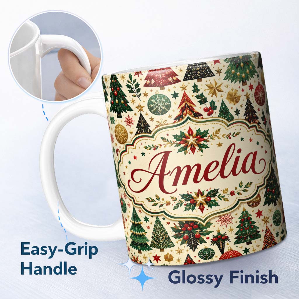 Personalized Custom Name Festive Christmas Trees Stars Baubles Holiday Seamless Pattern 11oz Ceramic Coffee Tea Mug White Large Handle