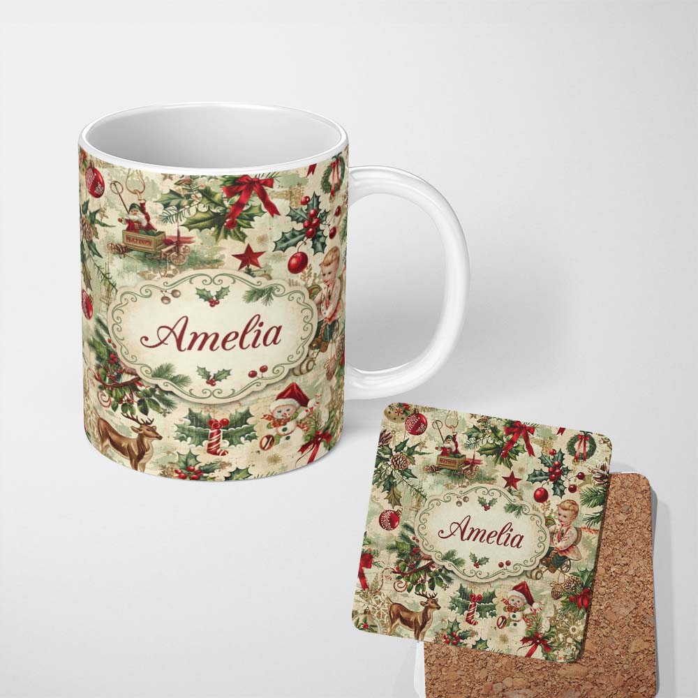 Personalized Custom Name Vintage Christmas Children Santa Tree Ornaments Holly Festive Lovely 11oz Ceramic Coffee Tea Mug White Large Handle