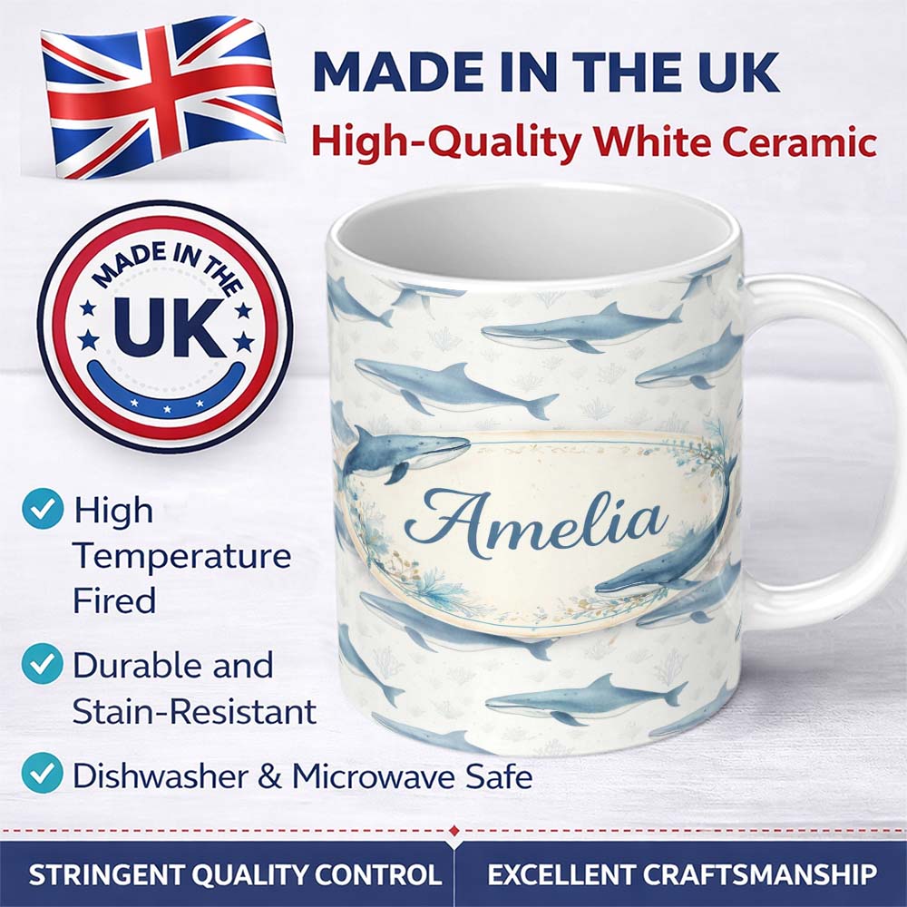Personalized Custom Name Watercolor Blue Beluga Whale Seamless Pattern Marine Ocean Design 11oz Ceramic Coffee Tea Mug White Large Handle