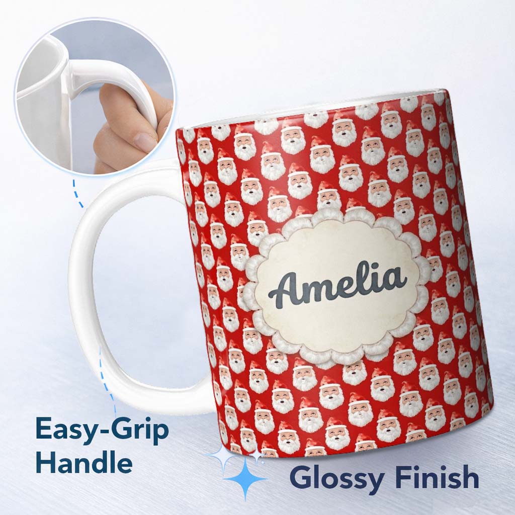 Personalized Custom Name Christmas Santa Face Seamless Pattern Red Festive Holiday Design 11oz Ceramic Coffee Tea Mug White Large Handle