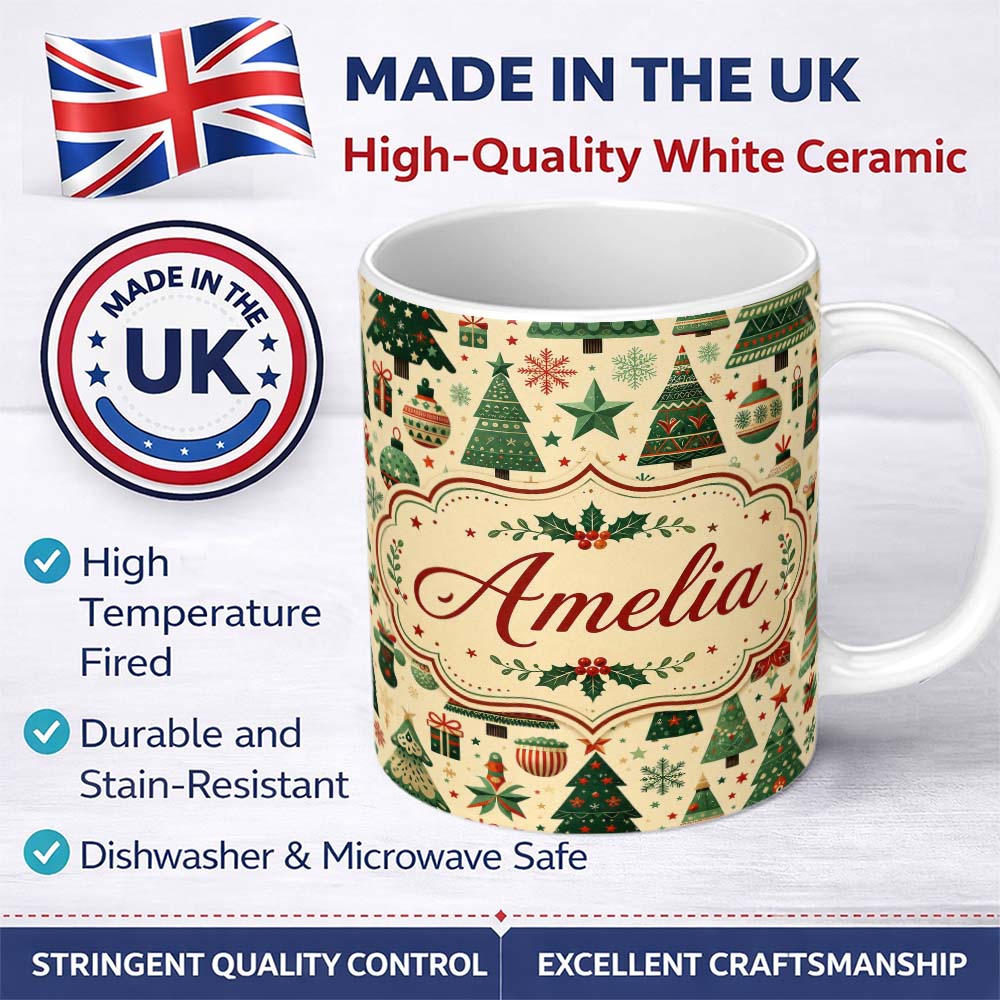 Personalized Custom Name Scandinavian Christmas Trees Ornaments Nordic Style Seamless Pattern 11oz Ceramic Coffee Tea Mug White Large Handle