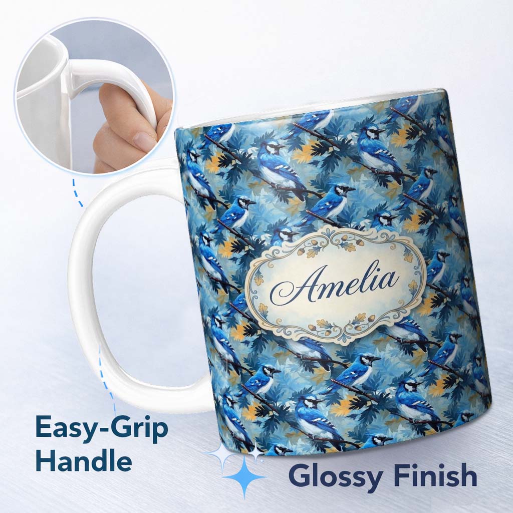 Personalized Custom Name Blue Jay Bird Artistic Foliage Painterly Botanical Wildlife Design 11oz Ceramic Coffee Tea Mug White Large Handle