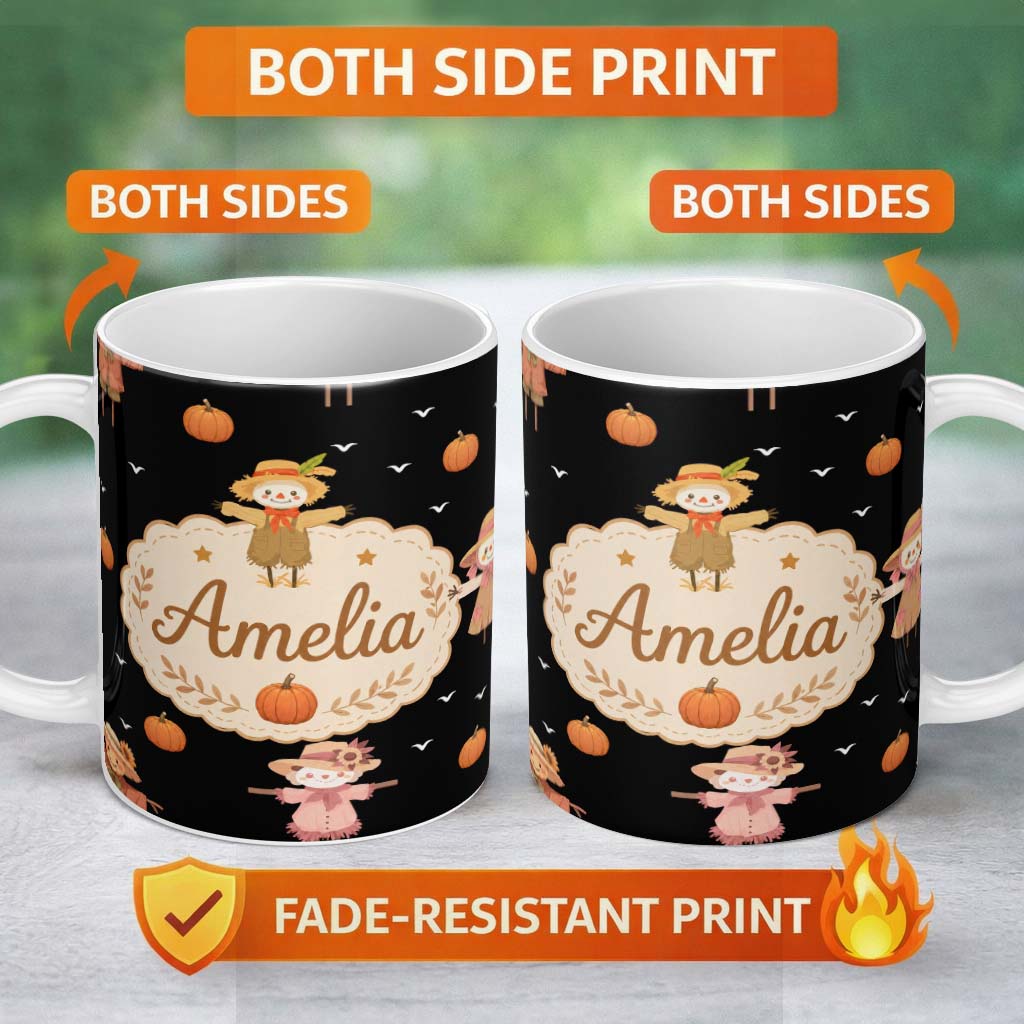 Personalized Custom Name Cute Autumn Scarecrow Pumpkin Birds Seamless Pattern Black Lovely 11oz Ceramic Coffee Tea Mug White Large Handle