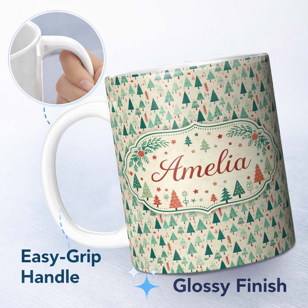 Personalized Custom Name Dense Scandinavian Christmas Trees Green Seamless Pattern Lovely 11oz Ceramic Coffee Tea Mug White Large Handle