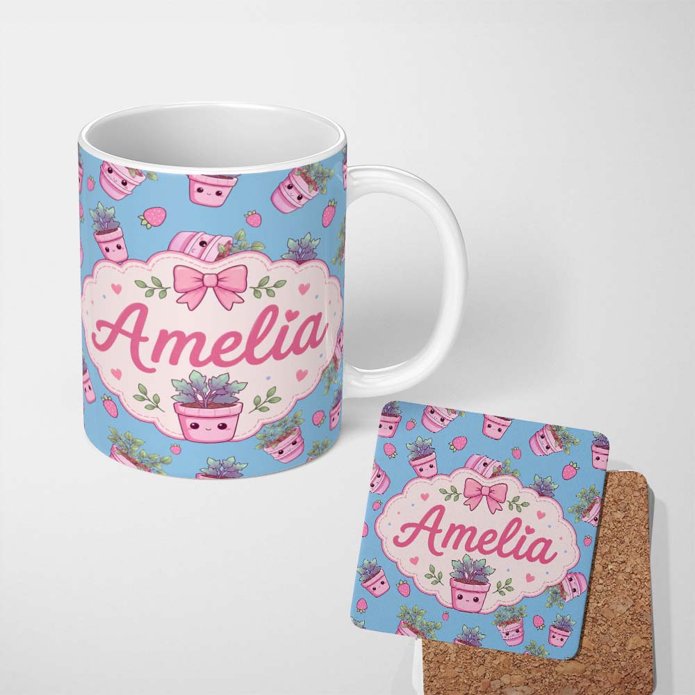 Personalized Custom Name Cute Pink Plant Pots Leaves Strawberry Seamless Pattern Sky Blue 11oz Ceramic Coffee Tea Mug White Large Handle