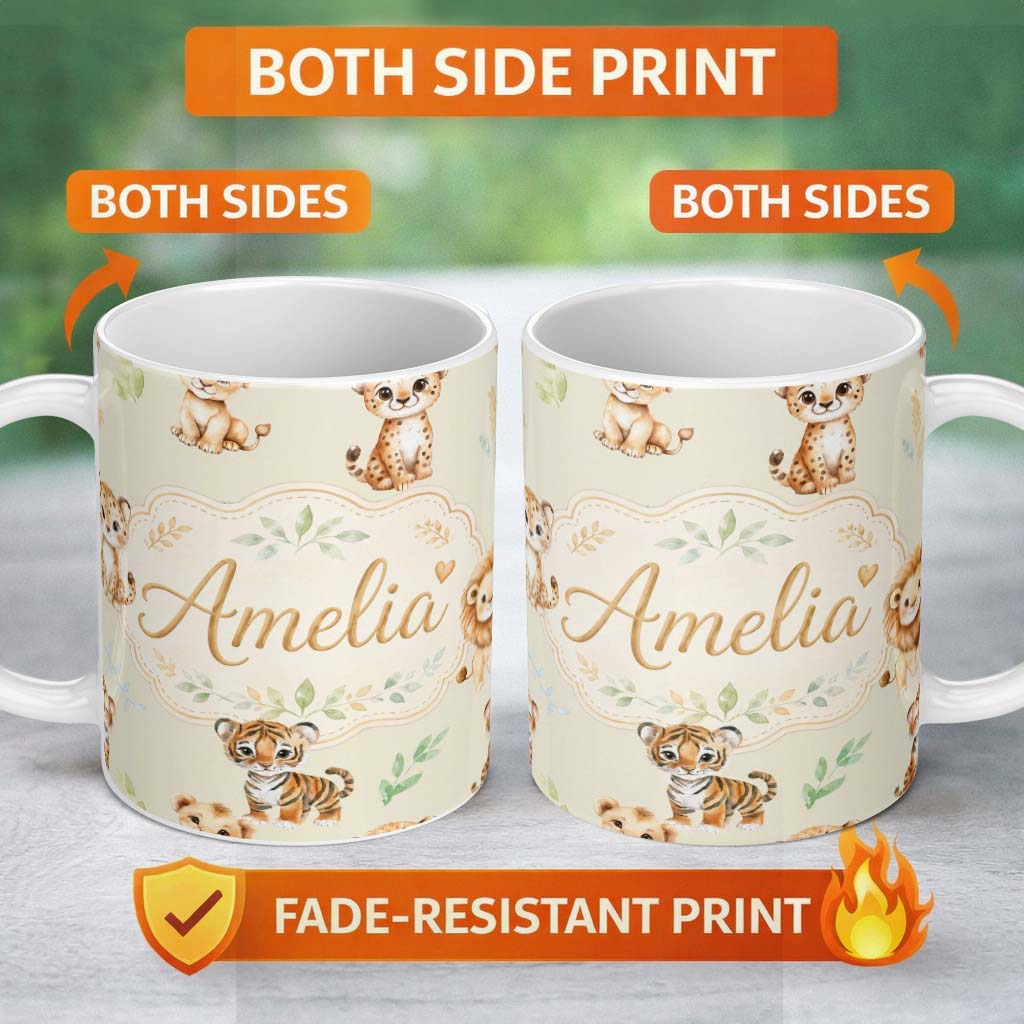 Personalized Custom Name Cute Baby Jungle Animals with Leaves on Light Olive Background 11oz Ceramic Coffee Tea Mug White Large Handle