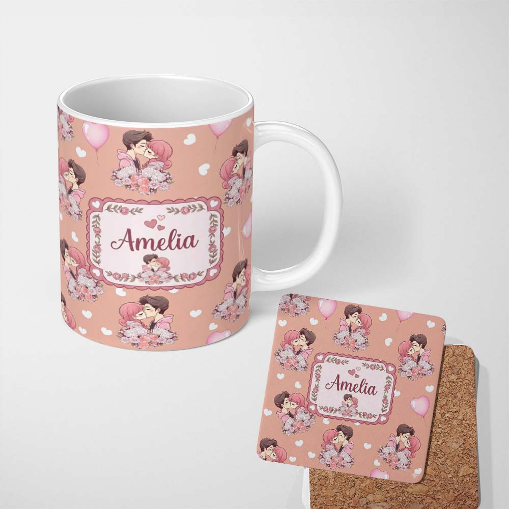 Personalized Custom Name Romantic Couple Kissing Floral Bouquet Hearts Seamless Pattern Peach 11oz Ceramic Coffee Tea Mug White Large Handle