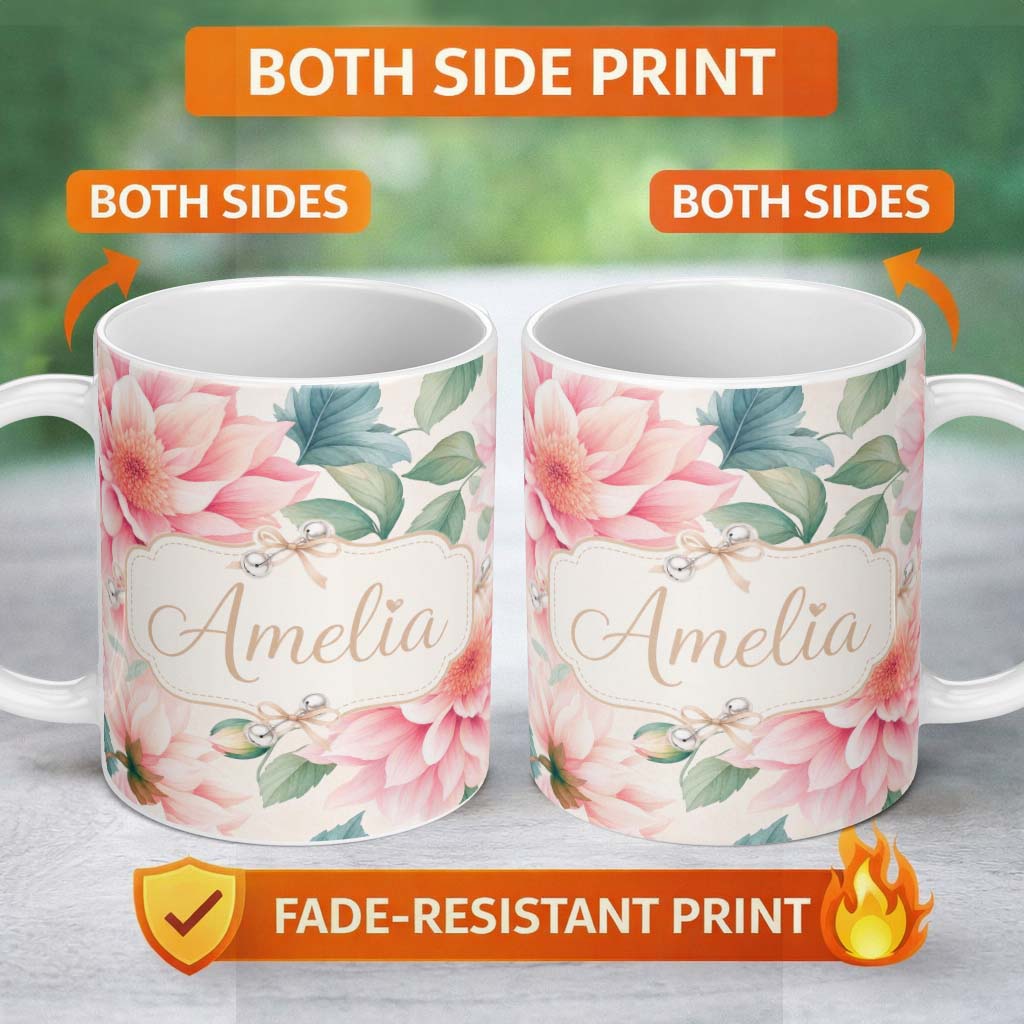 Personalized Custom Name Watercolor Pink Peony Floral Botanical Seamless Pattern Lovely 11oz Ceramic Coffee Tea Mug White Large Handle