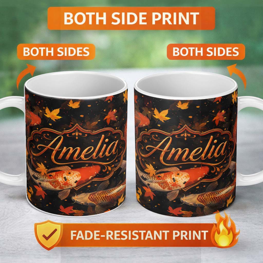Personalized Custom Name Dark Autumn Pond Koi Fish and Falling Maple Leaves Pattern Rich 11oz Ceramic Coffee Tea Mug White Large Handle