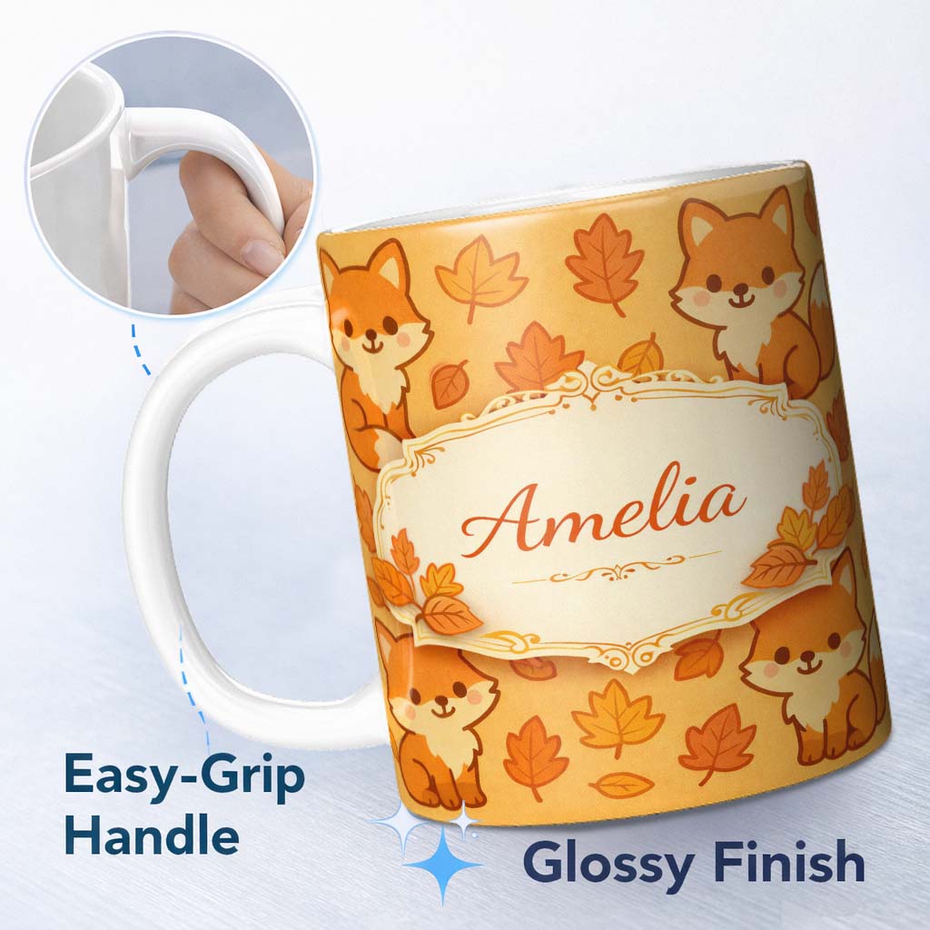 Personalized Custom Name Cute Autumn Fox Cartoon Animal Pattern Stylish Everyday Mug Lovely 11oz Ceramic Coffee Tea Mug White Large Handle