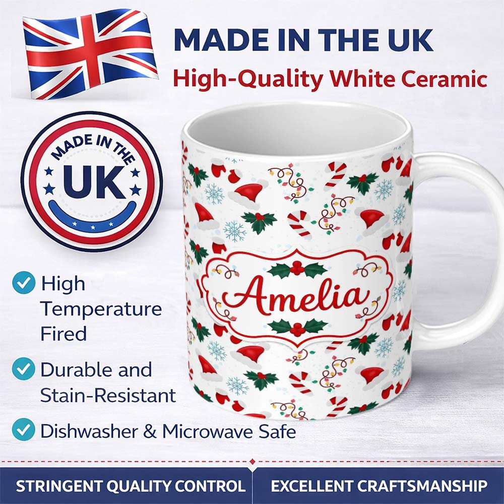Personalized Custom Name Christmas Hat Mittens Lights Candy Cane Seamless Pattern Lovely 11oz Ceramic Coffee Tea Mug White Large Handle