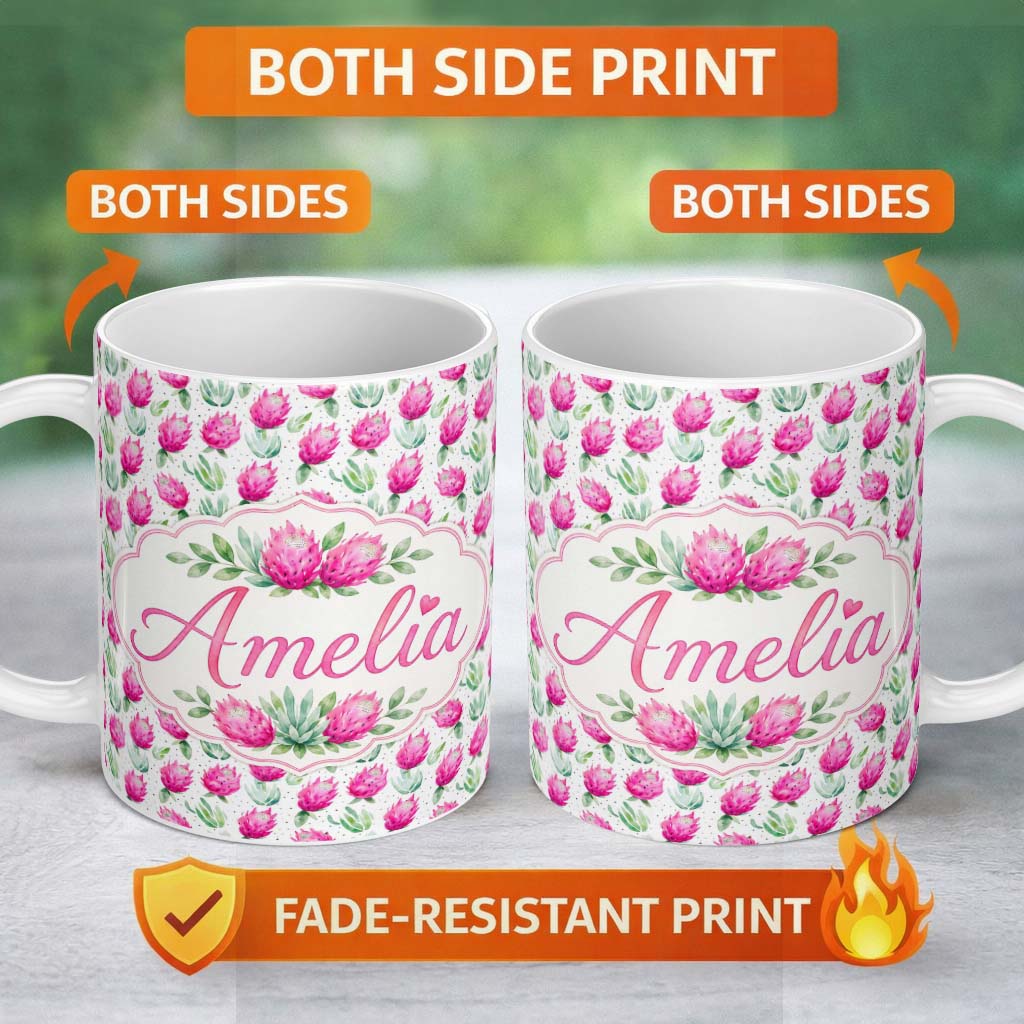 Personalized Custom Name Watercolour Dragon Fruit Pattern with Green Leaves on Light Lovely 11oz Ceramic Coffee Tea Mug White Large Handle