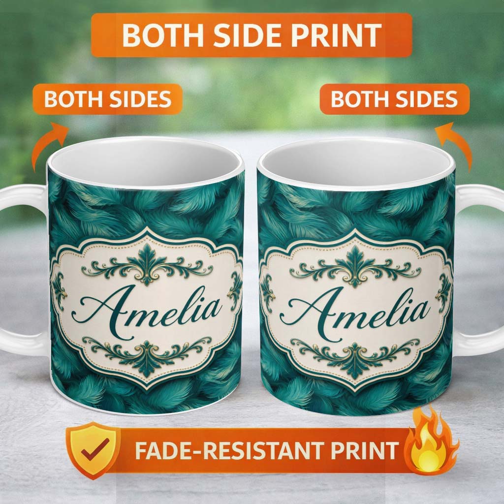 Personalized Custom Name Rich Teal Feather Pattern with Layered Botanical Texture Seamless 11oz Ceramic Coffee Tea Mug White Large Handle