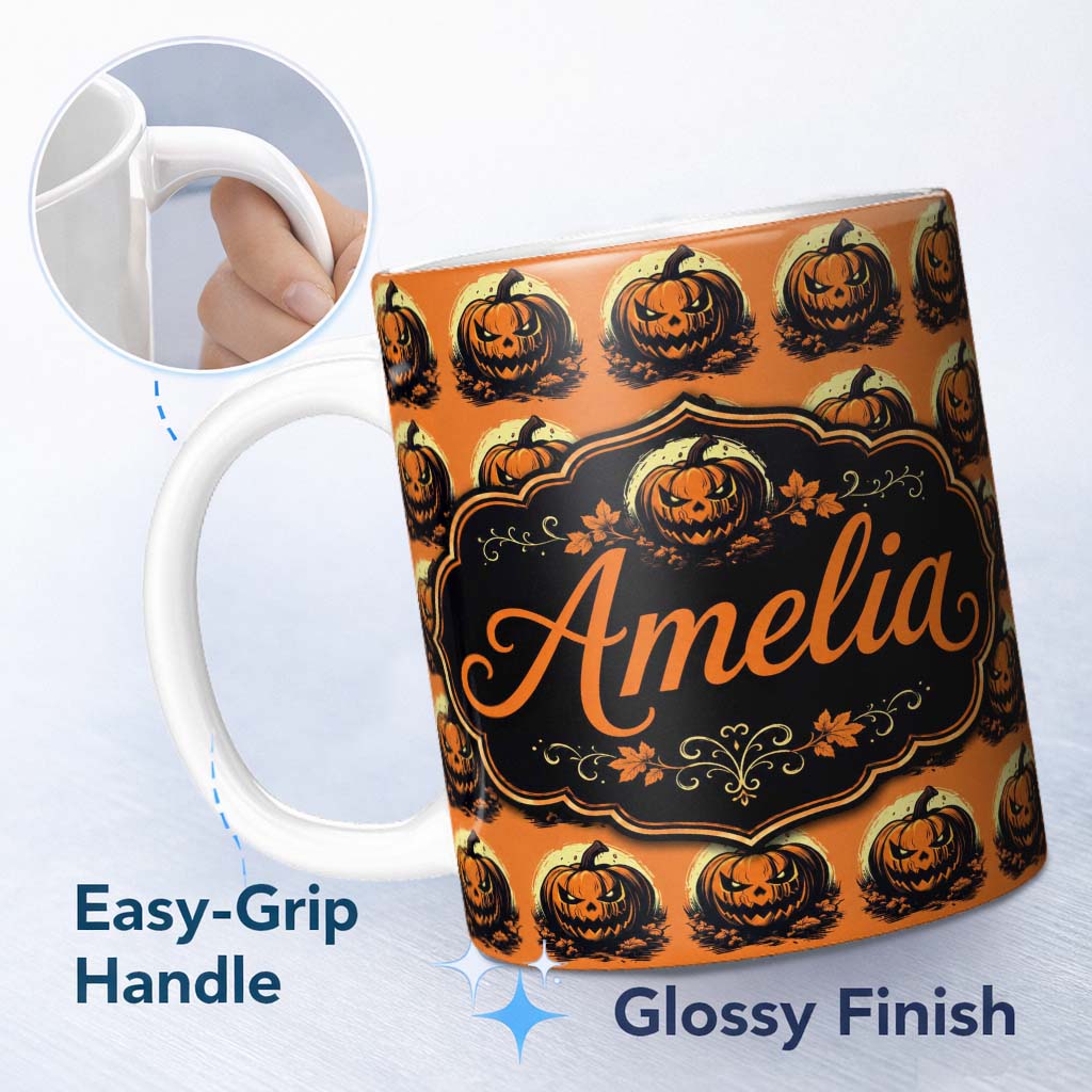 Personalized Custom Name Spooky Jack O Lantern Orange Background Classic Halloween Seamless 11oz Ceramic Coffee Tea Mug White Large Handle