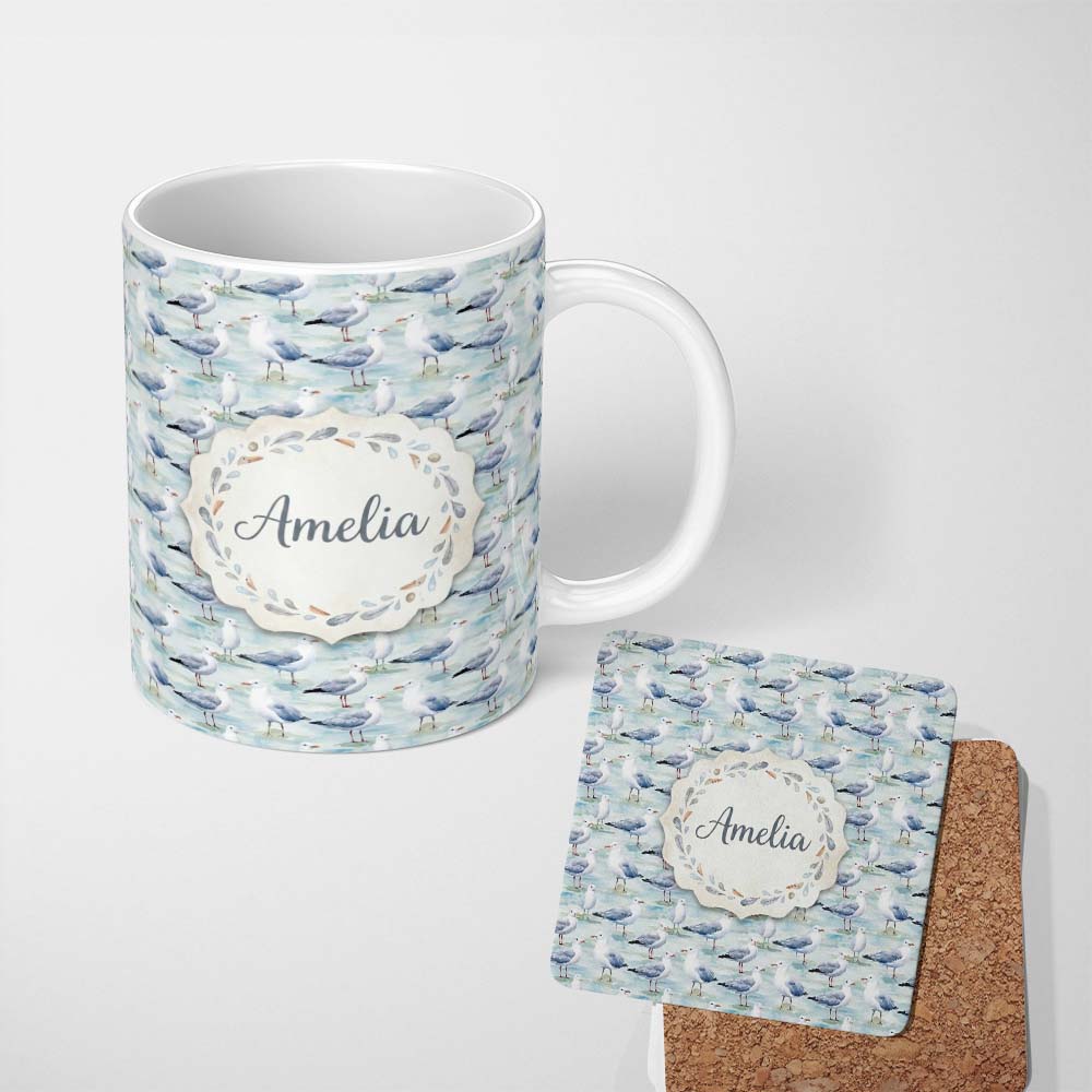 Personalized Custom Name Soft Watercolor Seagulls Standing on Shore Seamless Pattern Lovely 11oz Ceramic Coffee Tea Mug White Large Handle