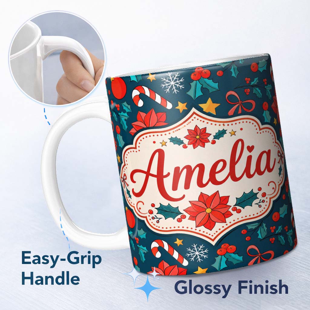 Personalized Custom Name Cute Poinsettia Candy Cane Star Seamless Pattern Festive Floral 11oz Ceramic Coffee Tea Mug White Large Handle