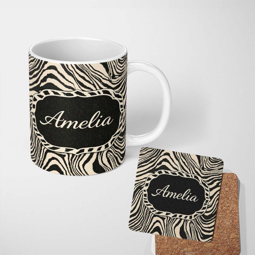 Personalized Custom Name Layered Contour Waves Black Cream Topographic Abstract Pattern 11oz Ceramic Coffee Tea Mug White Large Handle