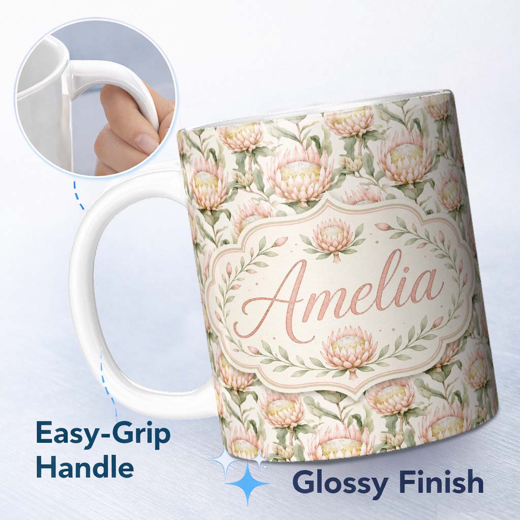 Personalized Custom Name Soft Blush Protea Flowers and Green Leaves Seamless Pattern Lovely 11oz Ceramic Coffee Tea Mug White Large Handle