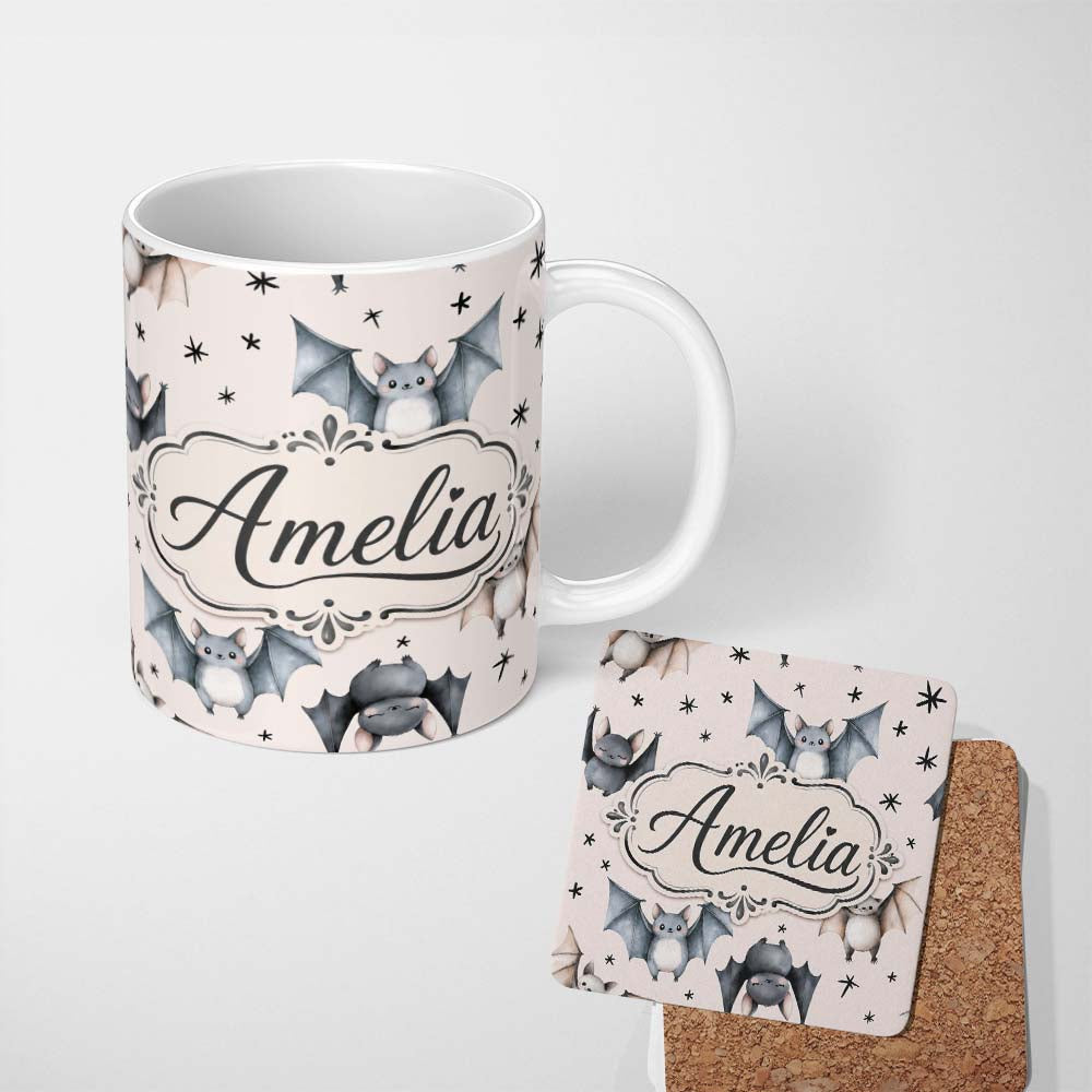Personalized Custom Name Cute Watercolor Bats and Stars Seamless Pattern Warm Cream Lovely 11oz Ceramic Coffee Tea Mug White Large Handle