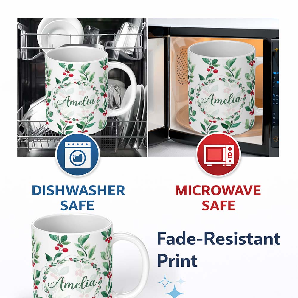 Personalized Custom Name Watercolor Green Leaves and Red Berry Branches Pattern Elegant 11oz Ceramic Coffee Tea Mug White Large Handle