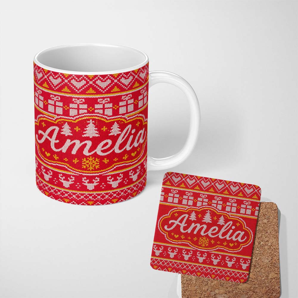 Personalized Custom Name Christmas Gift Box Tree Knit Pattern Red White Yellow Festive Lovely 11oz Ceramic Coffee Tea Mug White Large Handle