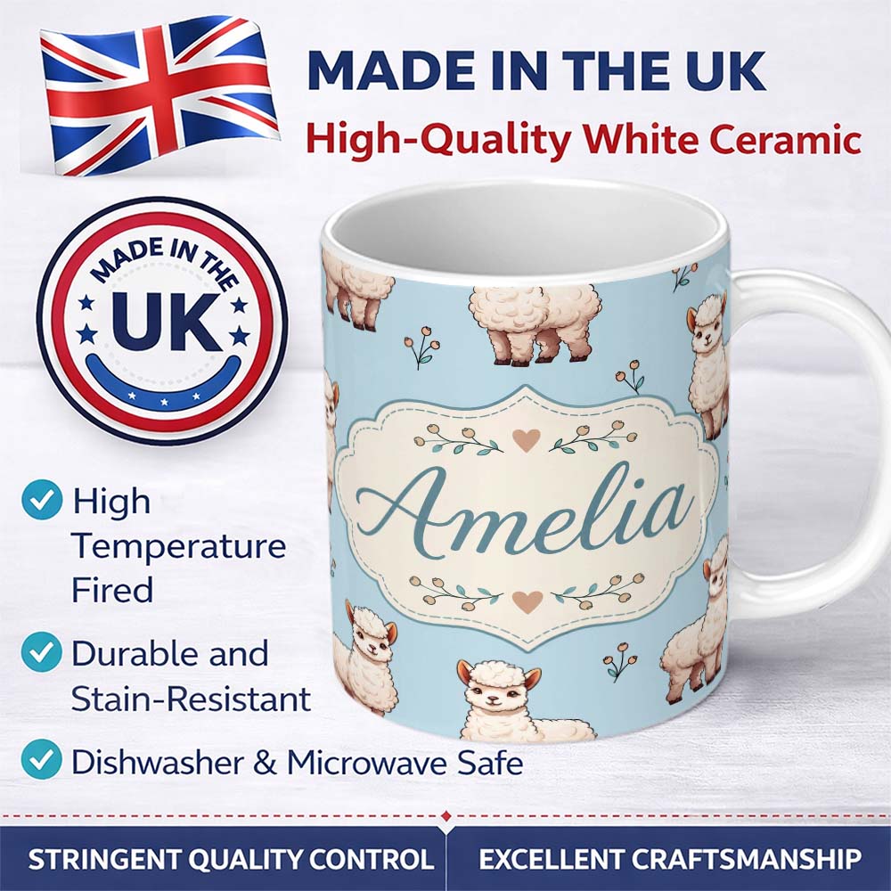 Personalized Custom Name Cute Alpaca Llama Pattern with Floral Sprigs on Soft Blue Background 11oz Ceramic Coffee Tea Mug White Large Handle