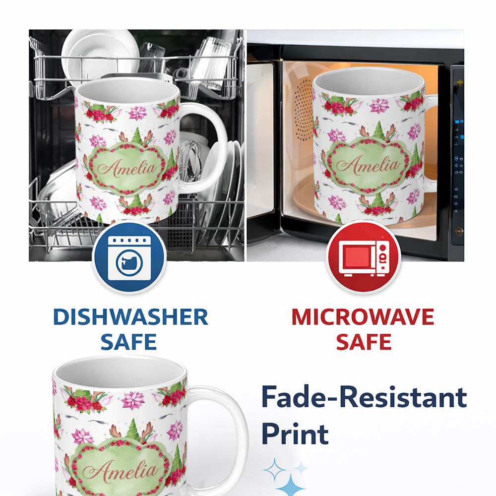 Personalized Custom Name Cute Unicorn Christmas Poinsettia Floral Fantasy Seamless Pattern 11oz Ceramic Coffee Tea Mug White Large Handle