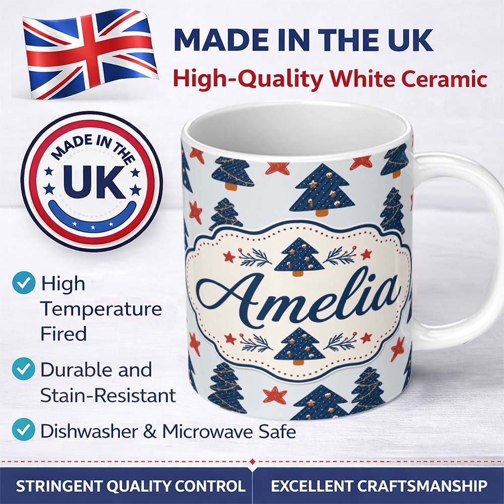Personalized Custom Name Navy Blue Christmas Trees Red Stars Festive Seamless Pattern Lovely 11oz Ceramic Coffee Tea Mug White Large Handle