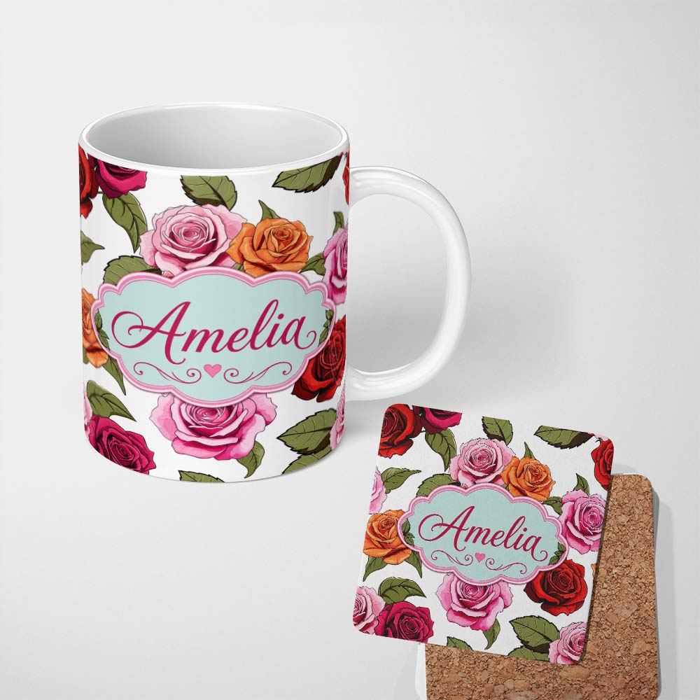 Personalized Custom Name Colorful Roses on Light Grey Background Seamless Floral Pattern 11oz Ceramic Coffee Tea Mug White Large Handle