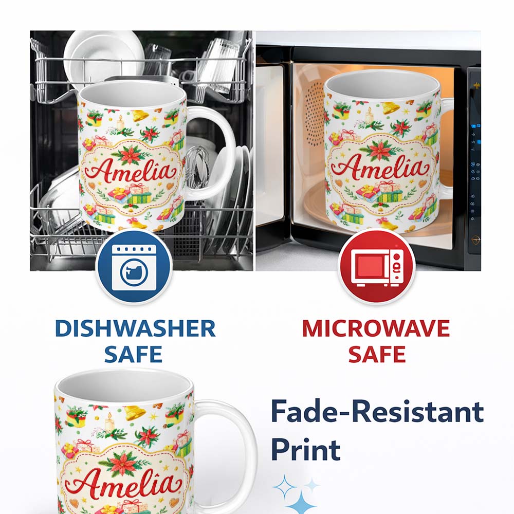 Personalized Custom Name Watercolor Christmas Gift Candle Poinsettia Bell Seamless Pattern 11oz Ceramic Coffee Tea Mug White Large Handle