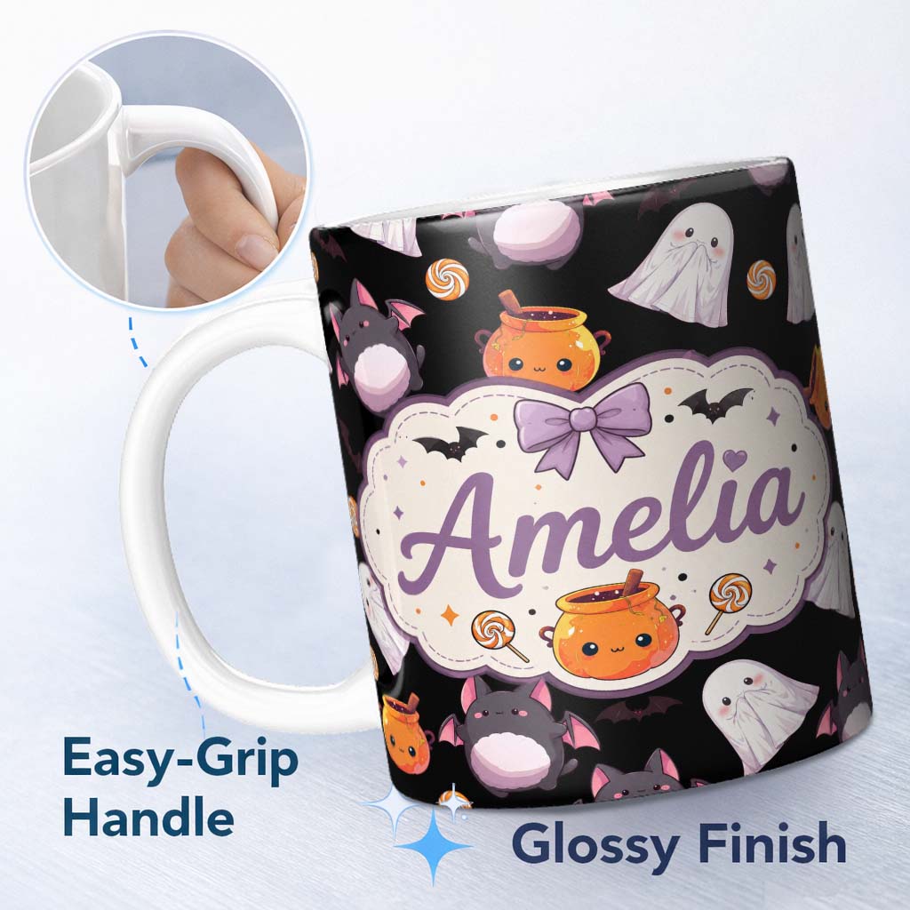 Personalized Custom Name Cute Halloween Ghost Bat Candy Pumpkin Seamless Pattern White Lovely 11oz Ceramic Coffee Tea Mug White Large Handle