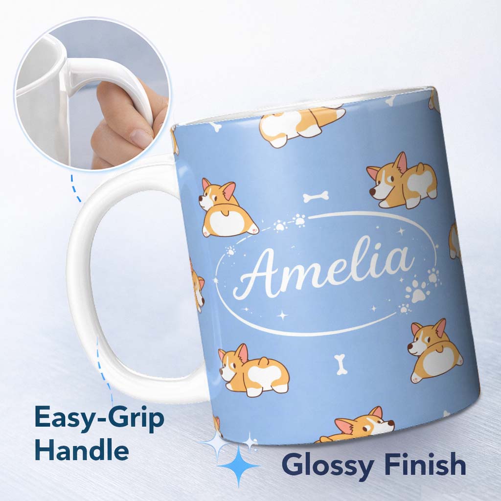 Personalized Custom Name Cute Cartoon Corgi Dogs Bone Blue Background Seamless Pattern Lovely 11oz Ceramic Coffee Tea Mug White Large Handle