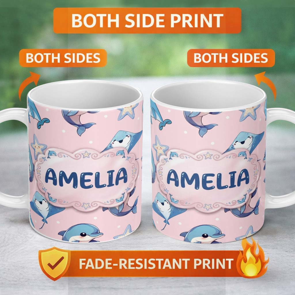Personalized Custom Name Cute Dolphin Stingray Starfish Cartoon Sea Life Pattern Pink Lovely 11oz Ceramic Coffee Tea Mug White Large Handle