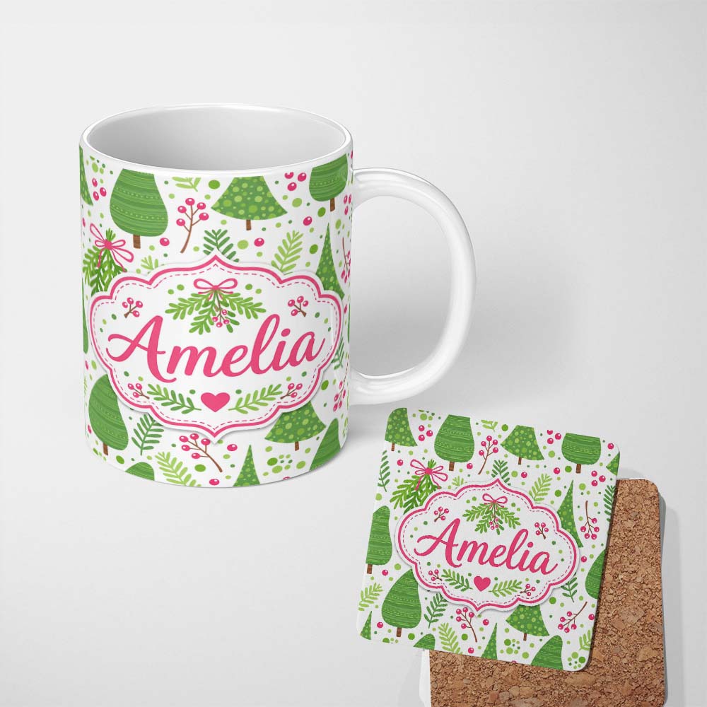 Personalized Custom Name Simple Green Christmas Trees Leaves Berries Seamless Pattern Lovely 11oz Ceramic Coffee Tea Mug White Large Handle