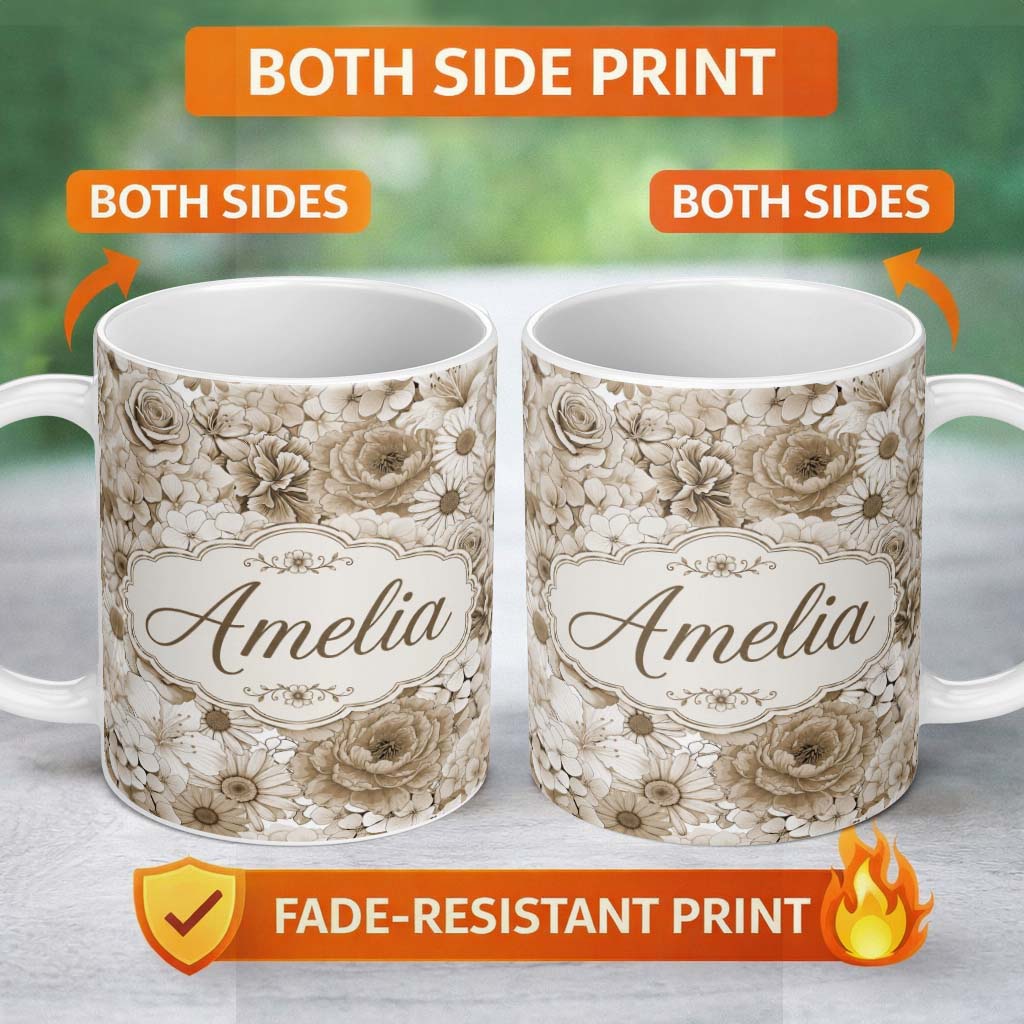 Personalized Custom Name Vintage Sepia Floral Bouquet Seamless Pattern with Roses Peonies and 11oz Ceramic Coffee Tea Mug White Large Handle