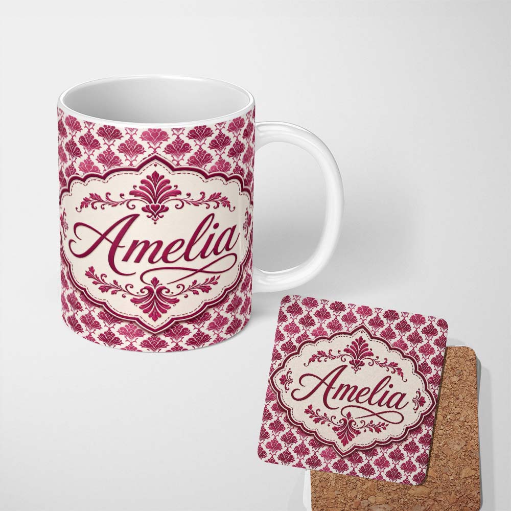 Personalized Custom Name Stylish Pink Art Deco Fan Motif Seamless Pattern Cute Unique Gift 11oz Ceramic Coffee Tea Mug White Large Handle