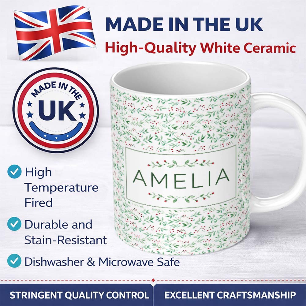 Personalized Custom Name Watercolor Green Leaves and Red Berry Seamless Botanical Pattern 11oz Ceramic Coffee Tea Mug White Large Handle