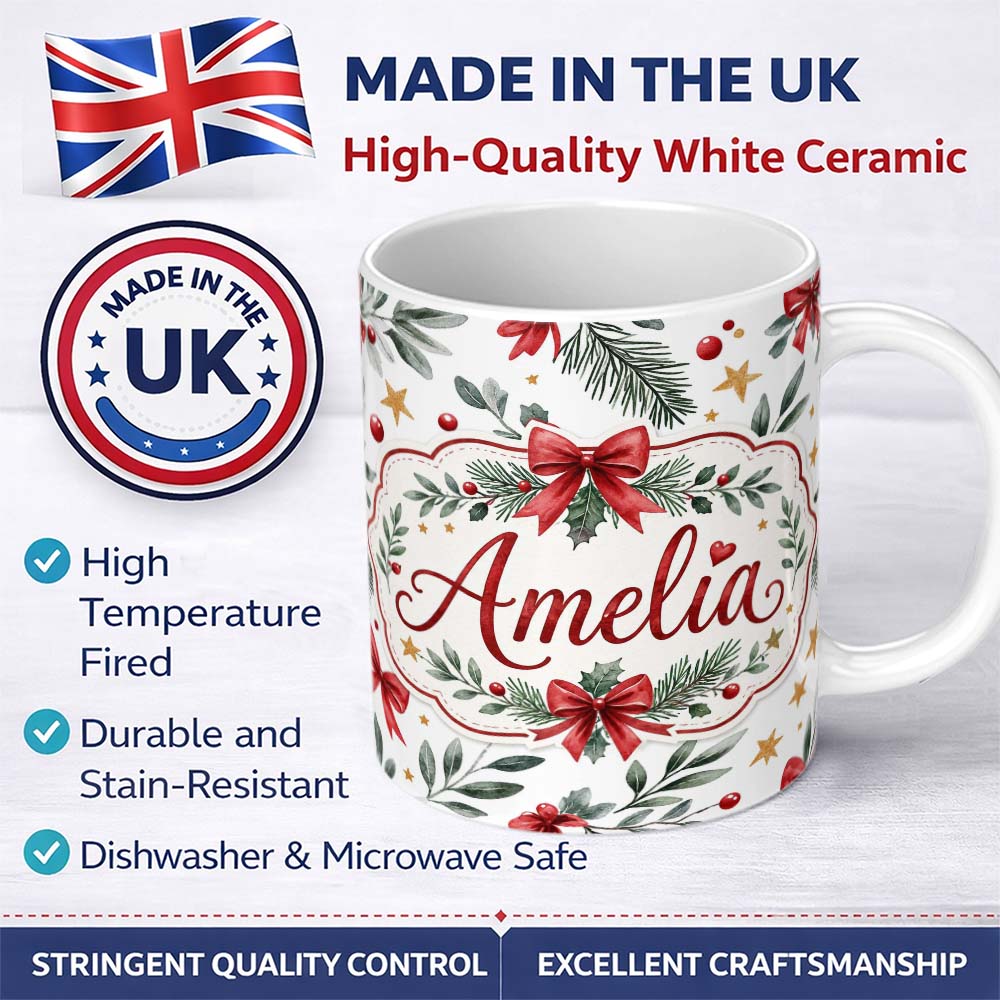 Personalized Custom Name Elegant Christmas Bows Holly Leaves Stars Festive Seamless Pattern 11oz Ceramic Coffee Tea Mug White Large Handle