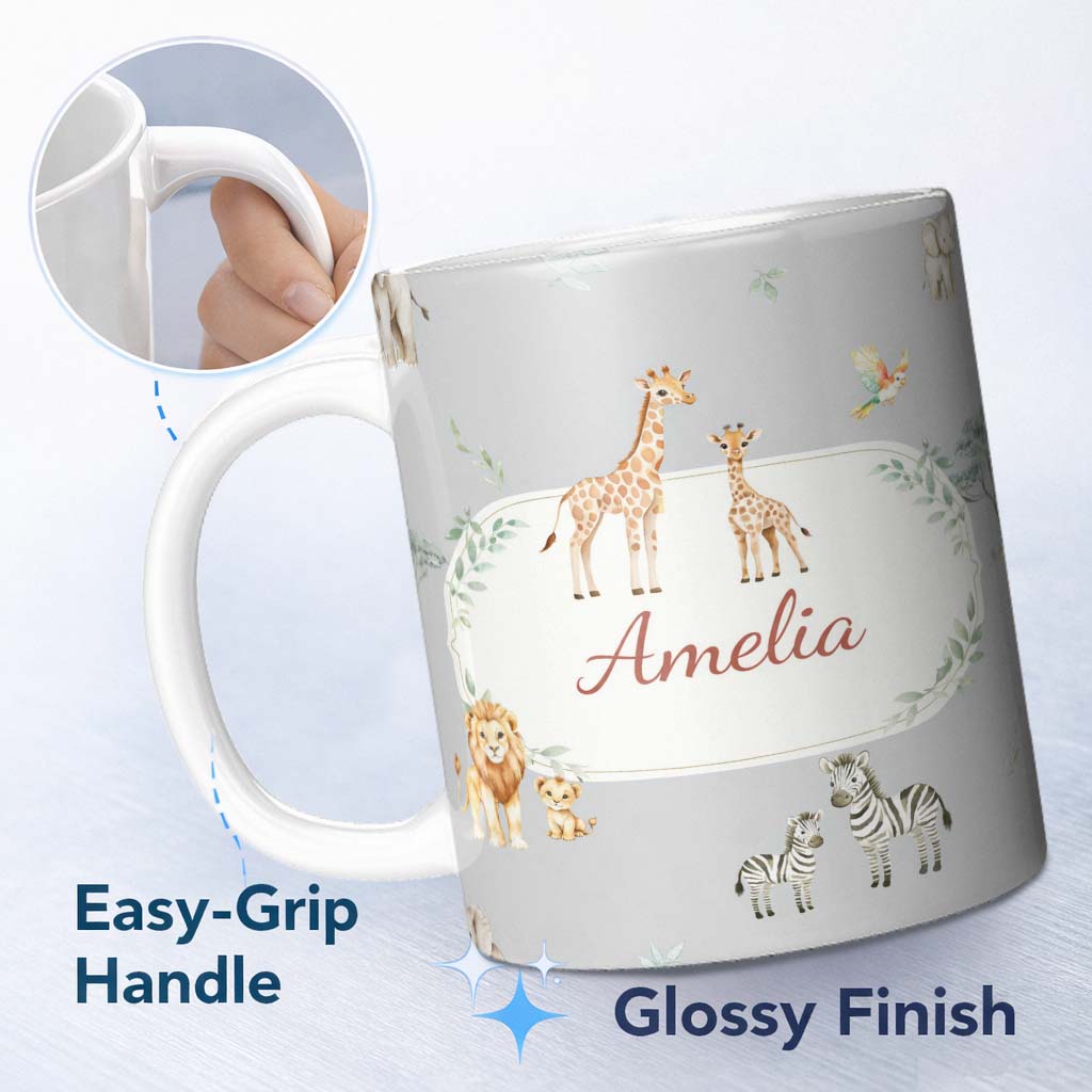 Personalized Custom Name Cute Safari Animals Giraffe Lion Zebra Parrot Seamless Pattern Grey 11oz Ceramic Coffee Tea Mug White Large Handle