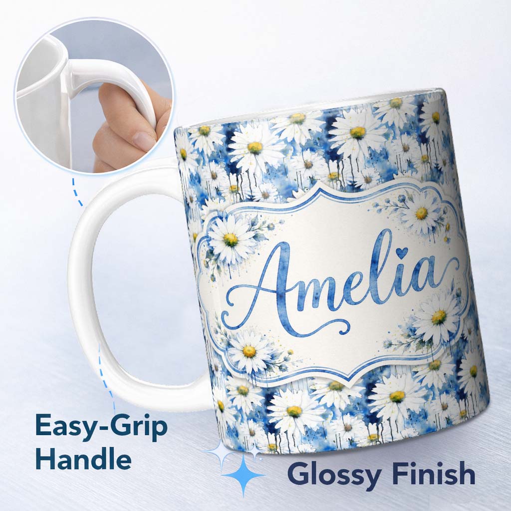 Personalized Custom Name Blue Watercolor Drip Daisy Artistic Seamless Pattern Lovely 11oz Ceramic Coffee Tea Mug White Large Handle