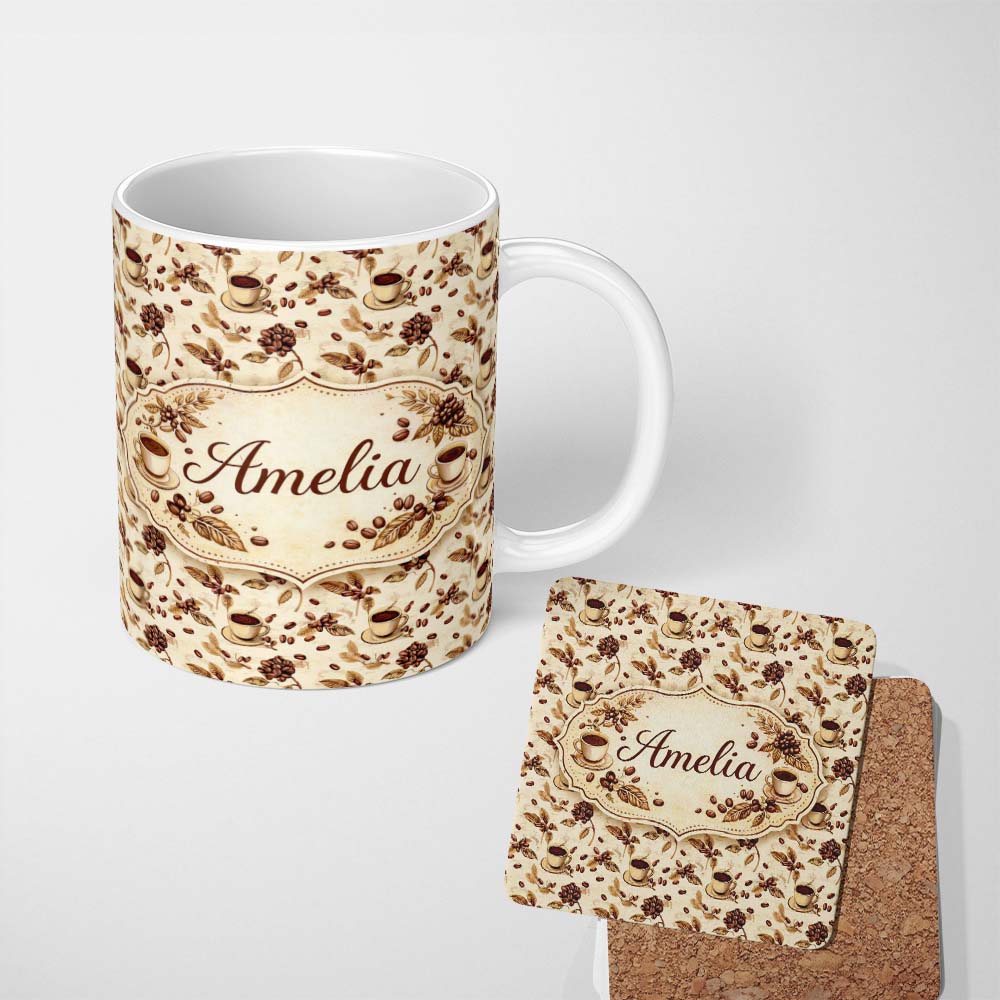 Personalized Custom Name Coffee Beans Dark Brown Seamless Pattern Cute Unique Gift Lovely 11oz Ceramic Coffee Tea Mug White Large Handle