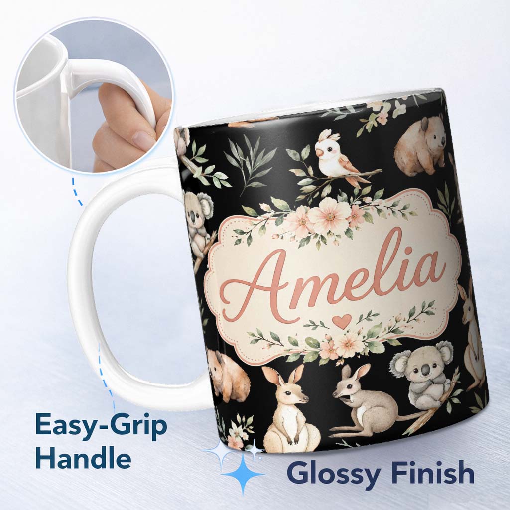 Personalized Custom Name Cute Woodland Animals Koala Kangaroo Bear Floral Pattern Black 11oz Ceramic Coffee Tea Mug White Large Handle