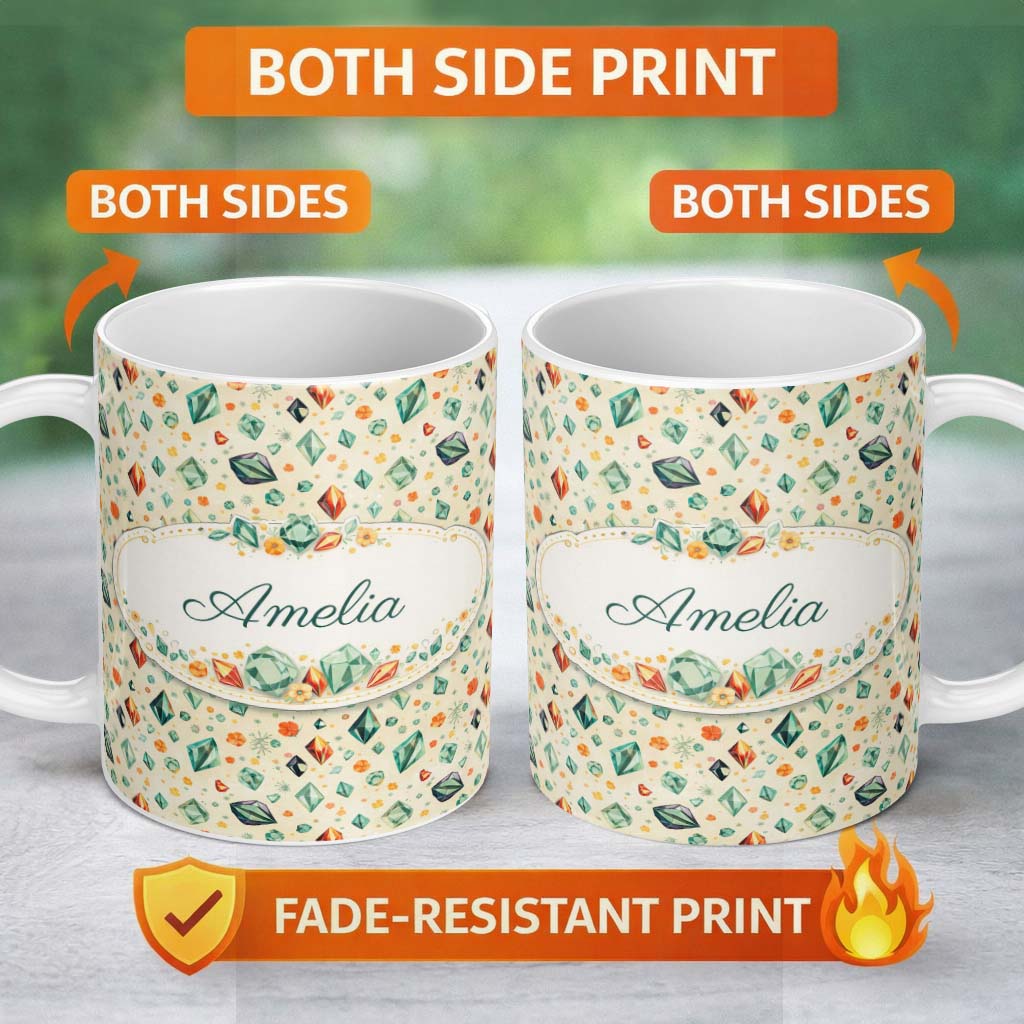 Personalized Custom Name Decorative Crystal Floral Seamless Pattern Pastel Gemstone Botanical 11oz Ceramic Coffee Tea Mug White Large Handle