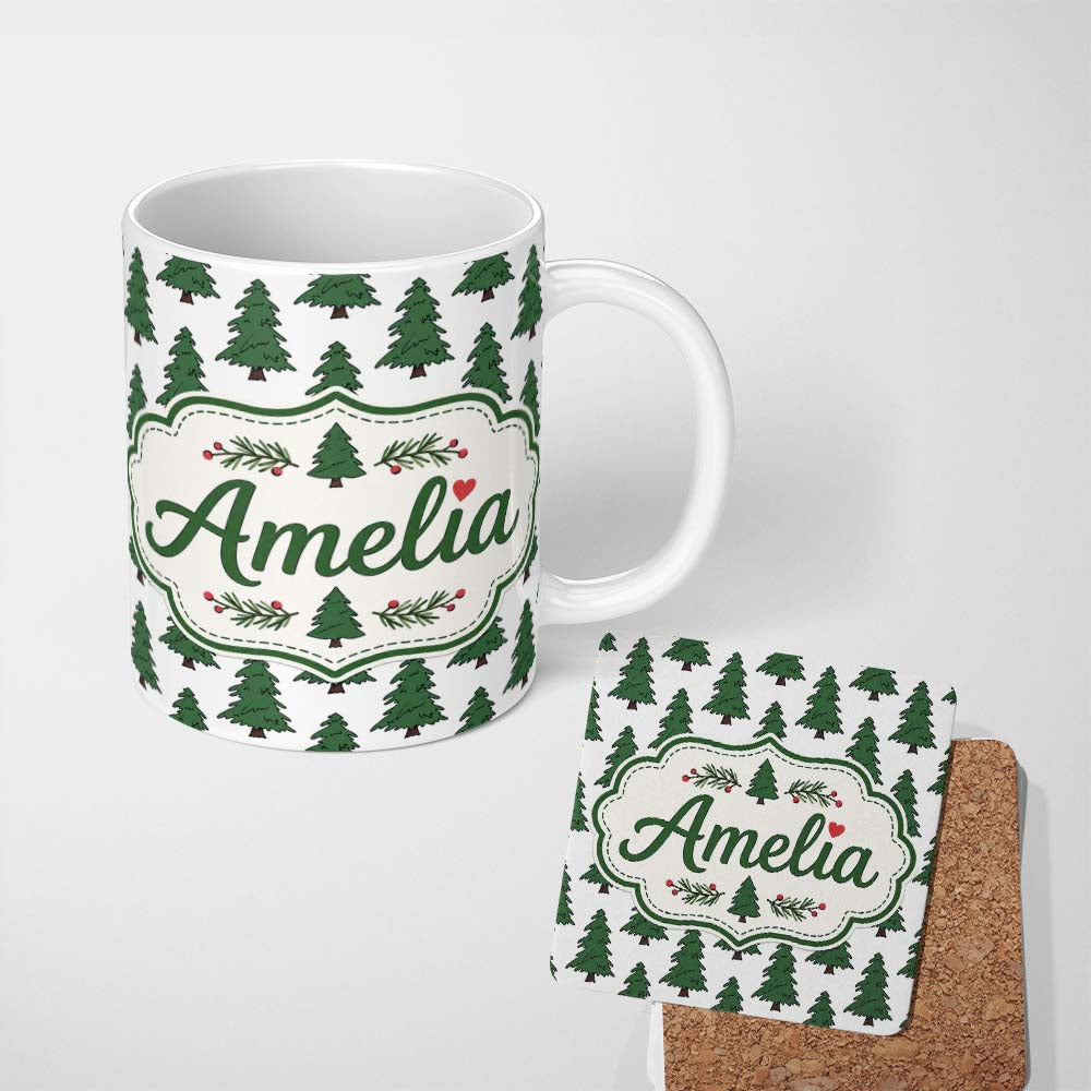 Personalized Custom Name Minimal Hand Drawn Christmas Trees on White Background Seamless 11oz Ceramic Coffee Tea Mug White Large Handle