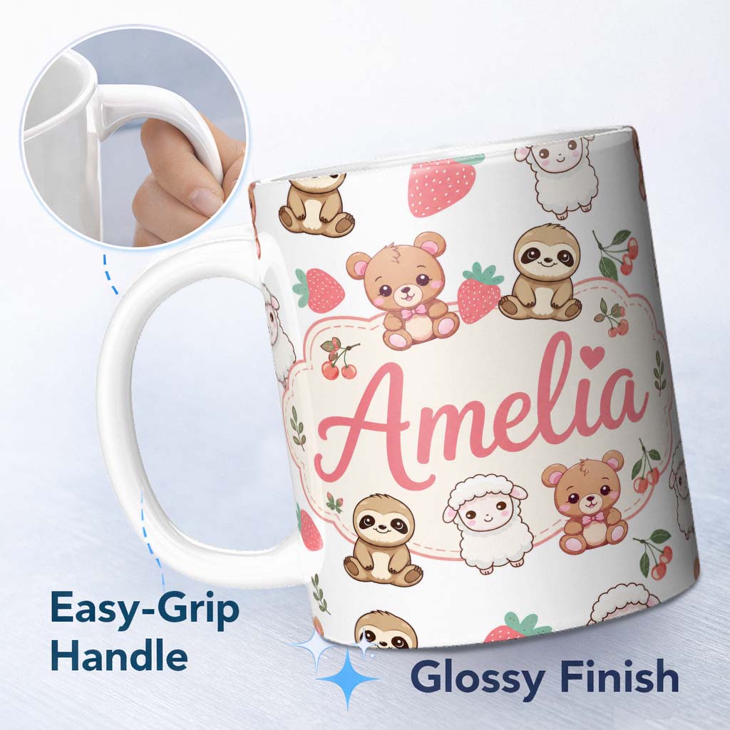 Personalized Custom Name Cute Baby Animals Bear Sheep Sloth Strawberry Cherry Light Grey 11oz Ceramic Coffee Tea Mug White Large Handle