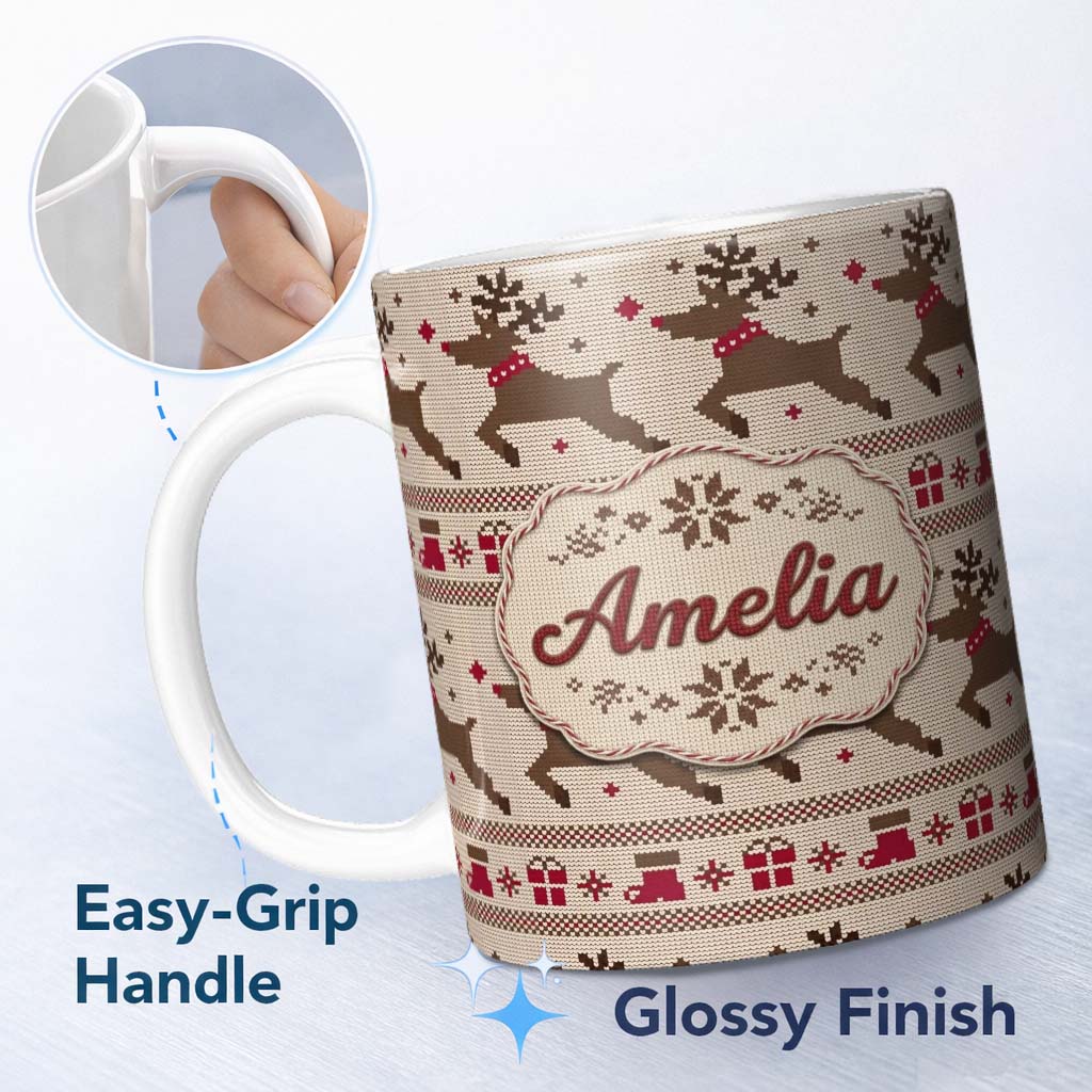 Personalized Custom Name Cute Beige Nordic Reindeer Gift Christmas Knitted Seamless Pattern 11oz Ceramic Coffee Tea Mug White Large Handle