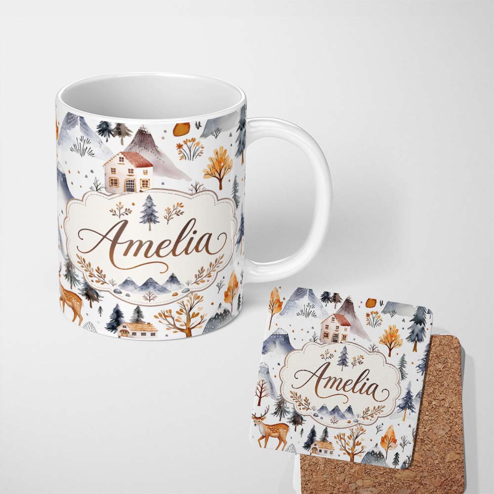 Personalized Custom Name Winter Mountain Cabin Forest Snow Landscape Seamless Pattern Lovely 11oz Ceramic Coffee Tea Mug White Large Handle