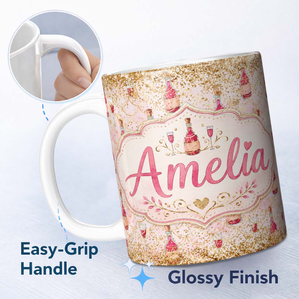 Personalized Custom Name Luxury Champagne Bottle Gold Glitter Party Seamless Pattern Lovely 11oz Ceramic Coffee Tea Mug White Large Handle
