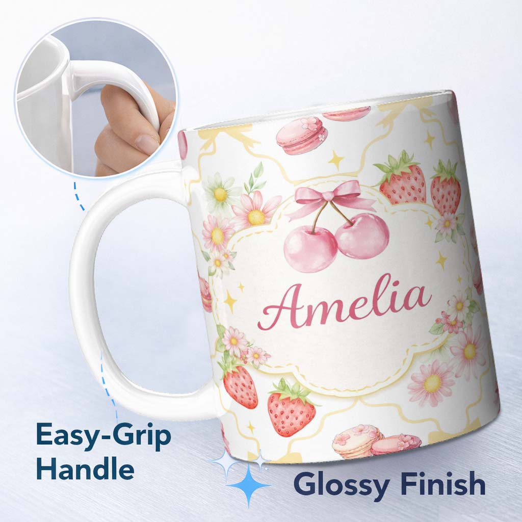 Personalized Custom Name Strawberry Cherry Daisy White Yellow Outline Cute Coquette Floral 11oz Ceramic Coffee Tea Mug White Large Handle