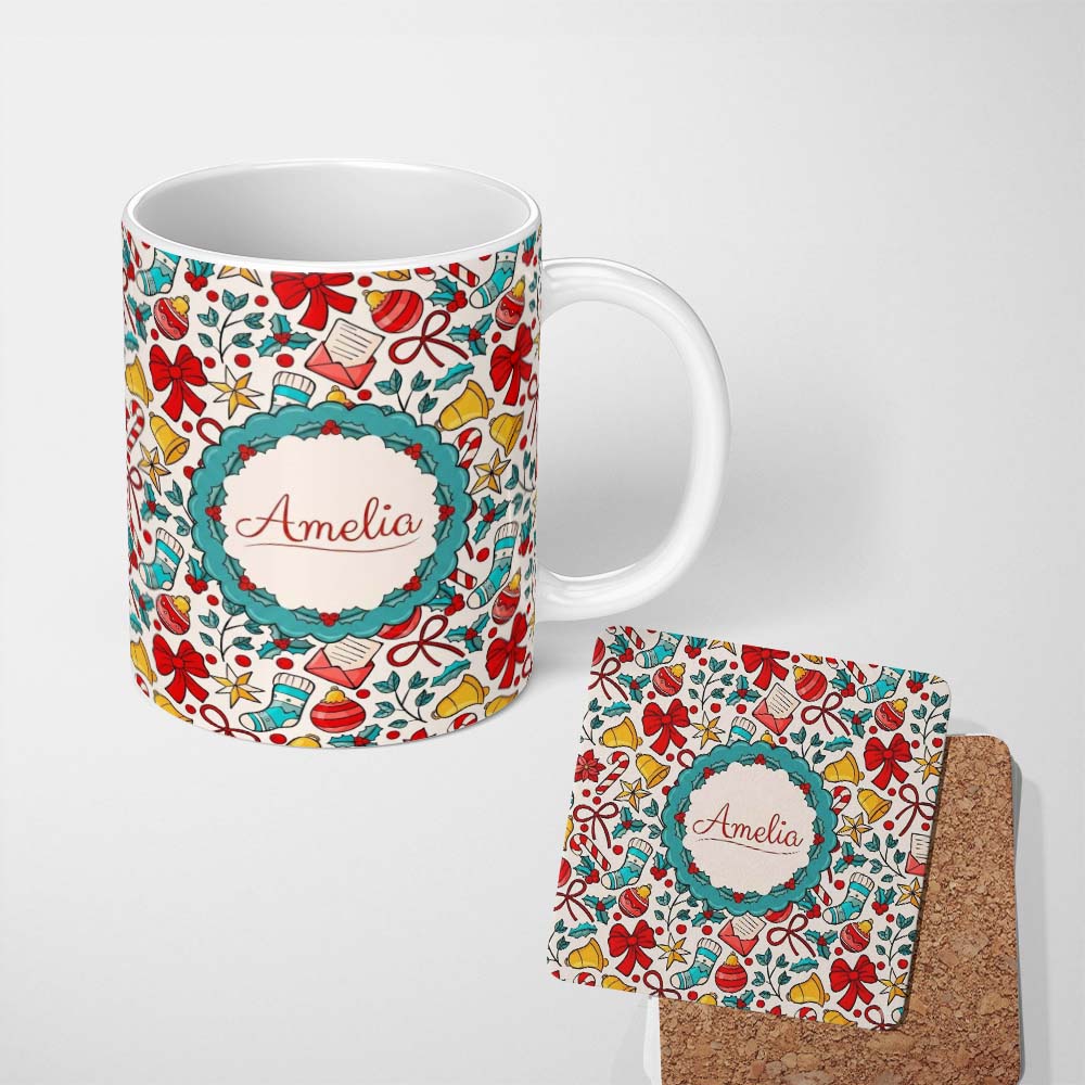 Personalized Custom Name Holiday Bells Bows Stockings Candy Cane Christmas Seamless Pattern 11oz Ceramic Coffee Tea Mug White Large Handle